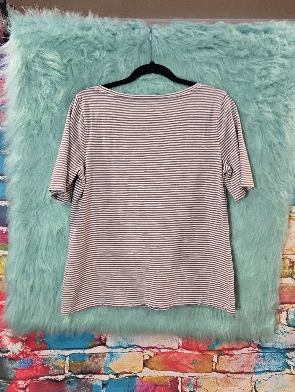 Talbots Gray And Green Striped Crew Neck  Embroidered  Short Sleeve Top Size M - Picture 2 of 6